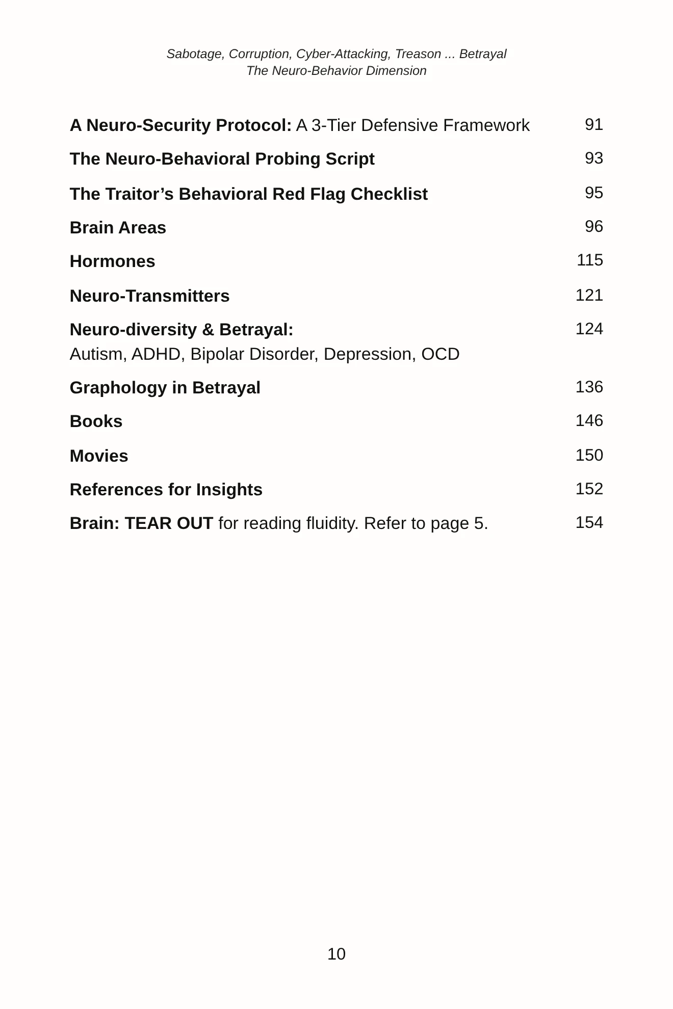 Contents, page 10: Neuro-Security Protocol, Brain Areas, Hormones, Neuro-diversity, Graphology, Books, Movies, References