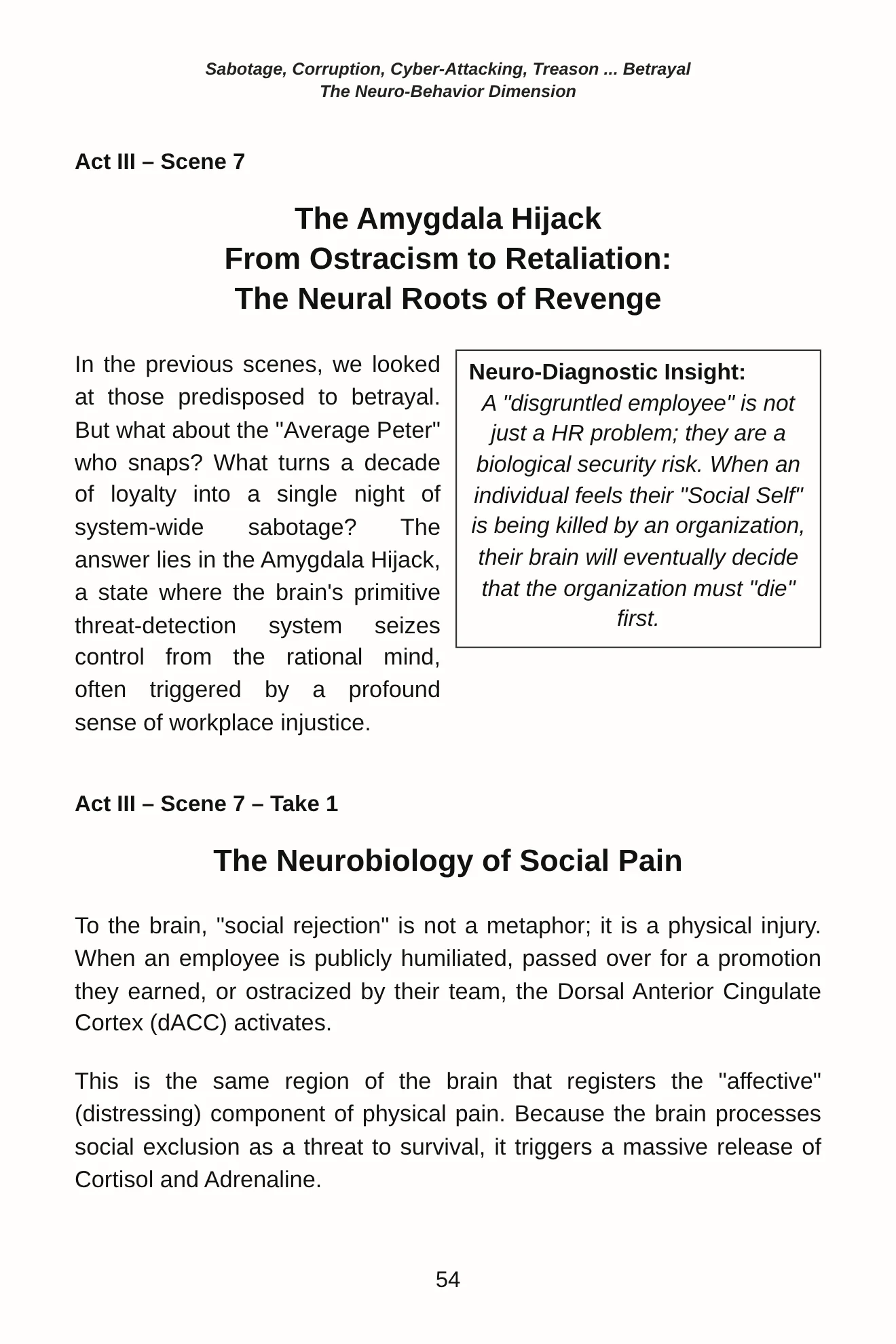 Page 54: Act III, Scene 7, The Amygdala Hijack, from ostracism to retaliation, and Take 1, The Neurobiology of Social Pain