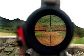 View through a rifle scope over open country